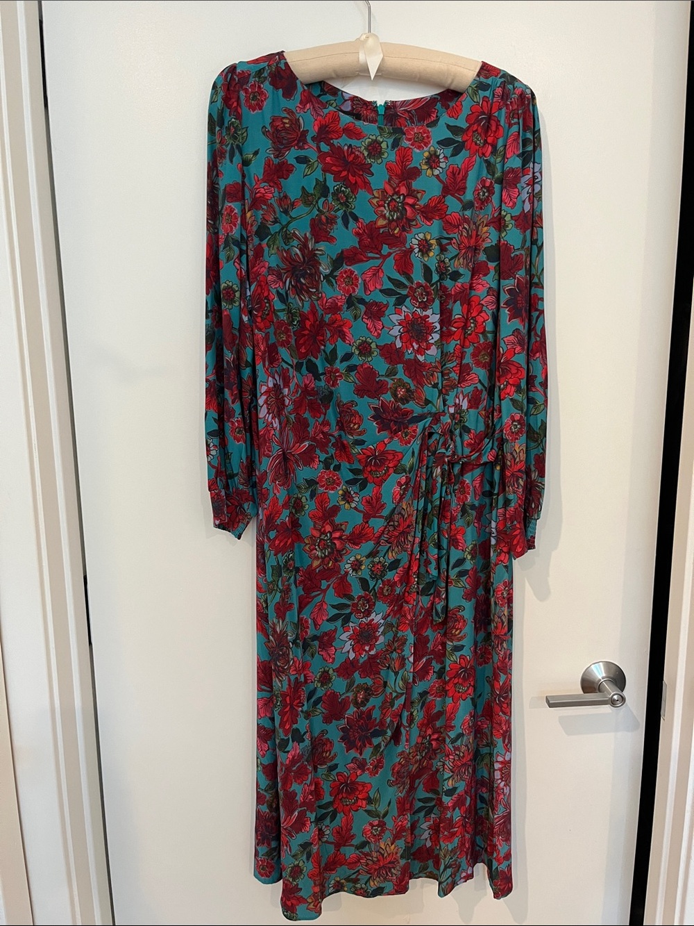 Talbots Teal Dress with Red Floral Print — Long Sleeve Maxi
